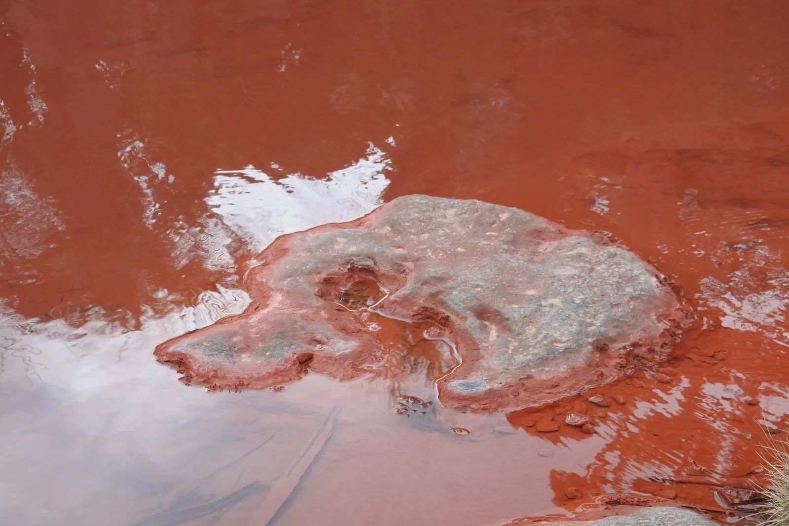 The surface of Chinoike Jigoku, with red sediment visible through the clear water
