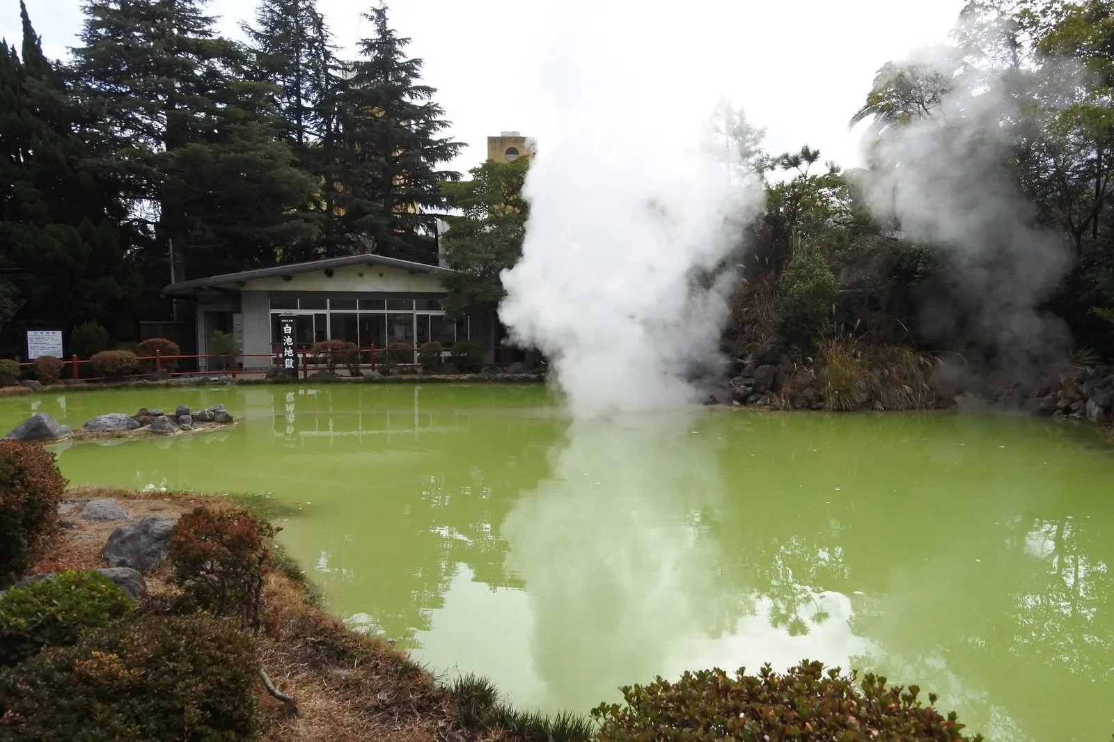 Shiraike Jigoku, a yellow-green pond spreading out